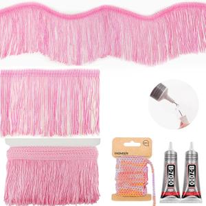 Pink Fringe, 5 Yards X 4 Inch Fringe Trim with B7000 Glue, Tassels Trim for Crafts, Polyester Fibre Sewing Fringe Trim(Pink)