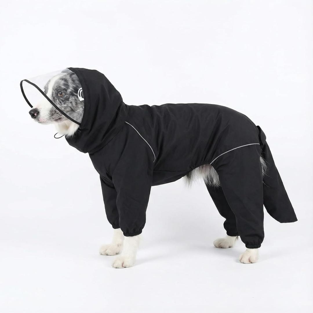Dog Raincoat for Medium Large Dogs,rain Jacket Coat, Full Leg Coverage Waterproof Rain Suit with Detachable Hood & Tail, Reflective Strips, Snag-Free Top Zipper (Black for Girl, Small)
