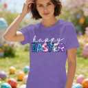 Easter Shirts for Women Happy Easter Day T-Shirt Leopard Plaid Letter Print Tee Tops (Purple, L)