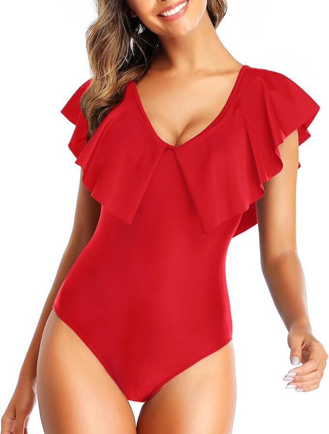 Tempt Me Women Red Flounce One Piece Swimsuit Ruffle V Neck Tummy Control Bathing Suit for Teen Girls Large, Red