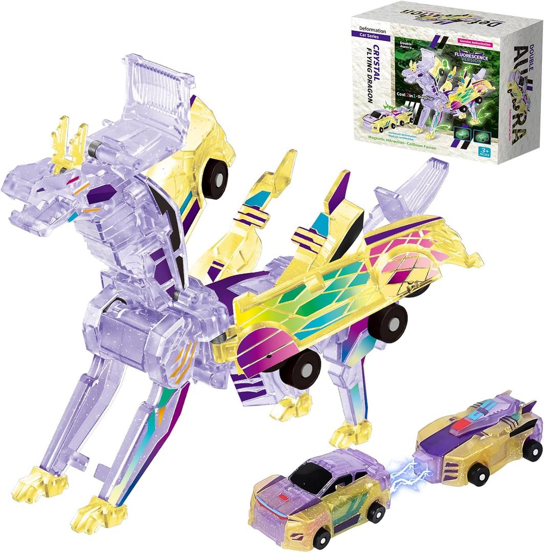 Collision Transforming Dinosaur car Toy | 2-in-1 robo Crash Magnetic Race Cars | Transform into Dinosaurs Robot Toys | for Boys & Girls Age 4-8 (Crystal Purple Dragon)
