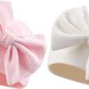 Bamery Newborn Baby Girl Hat Cotton Baby Bow Beanie Preemie Hats Spring Infant Hats for Girls 0-12 Months (White+pink)