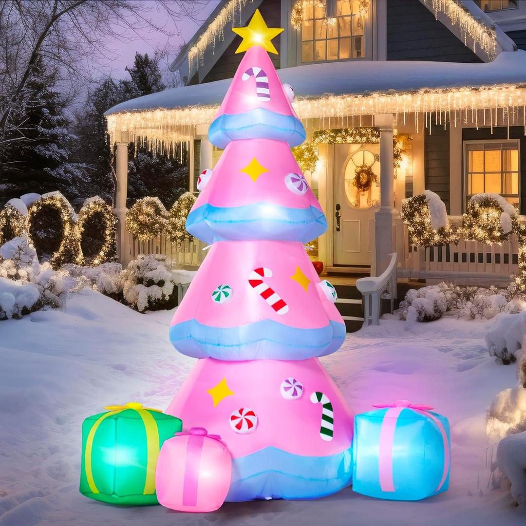JOIEDOMI 7 FT Tall Christmas Tree Inflatables Outdoor Decoration, Christmas Inflatable Pink Tree with 3 Gift Boxes, Blow Up Xmas Tree with Build-in LEDs for Xmas Outdoor Yard Garden Lawn Decor