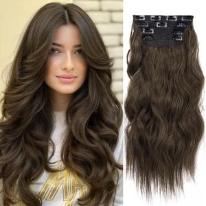 Double Weft Synthetic Hair Extension 4PCS Thick Hairpieces Clip in Long Wavy Hair Extensions Chestnut Brown 20 Inch (4pcs, 20Inch, 8/10#)