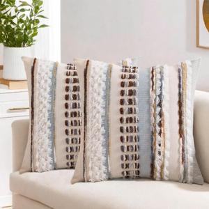 Emvency Boho Throw Pillow Covers 18x18 Inches Set of 2, Light Blue Chenille Tufted Farmhouse Striped Chic Modern Art Square Decorative Couch Pillowcases for Home Decor Bedroom Sofa Living Room