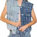 Lucrosun Womens Beading Pearls Denim Vest Button Sleeveless Cropped Jean Jacket (M, Blue)