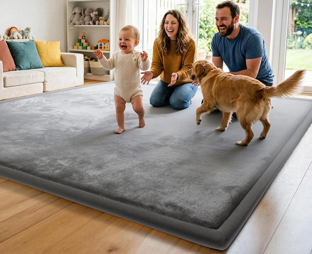 AEOCOO Baby Play Mat for Floor Cushion, 1.3" Thick Memory Foam Tummy Time Mat, Soft Velvet Non Slip, Toddlers Baby Kids Extra Large Nursery Rug for Crawling, Living Room, Tatami Style, Grey