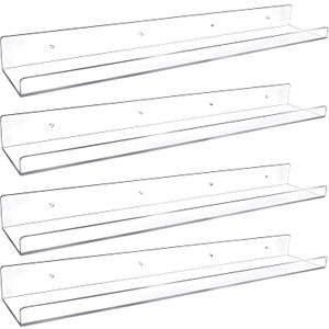 4 Pack 24-Inch Long Clear Acrylic Floating Shelves Wall Ledge Invisible Wall Mounted Floating Bookshelf U Shape Wall Shelf for Book Display Makeup Product Spice Organizer