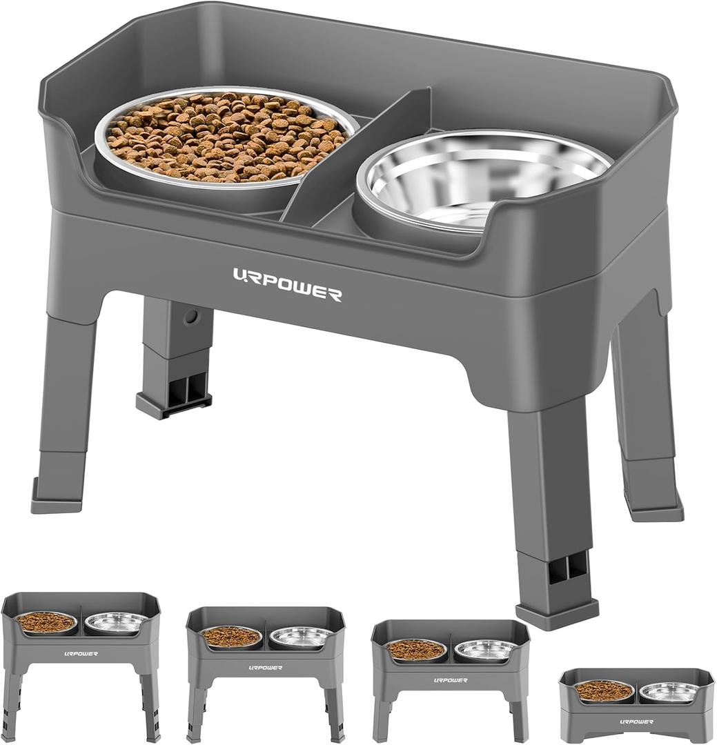 URPOWER 3-in-1 Elevated Dog Bowls - Mess Proof Double Deck 4 Height Adjustable Raised Stand with 2 Stainless Steel Food Bowls & Licking Plate for Small, Medium & Large Dogs (Gray)