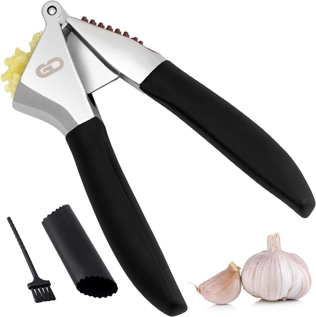 Garlic Press Set Heavy Duty Rust-Resistant Garlic Crusher & Mincer with Ergonomic Handles, Easy Squeeze Manual Garlic Press, Cleaning Brush & Silicone Peeler, Large Chamber Kitchen Tool
