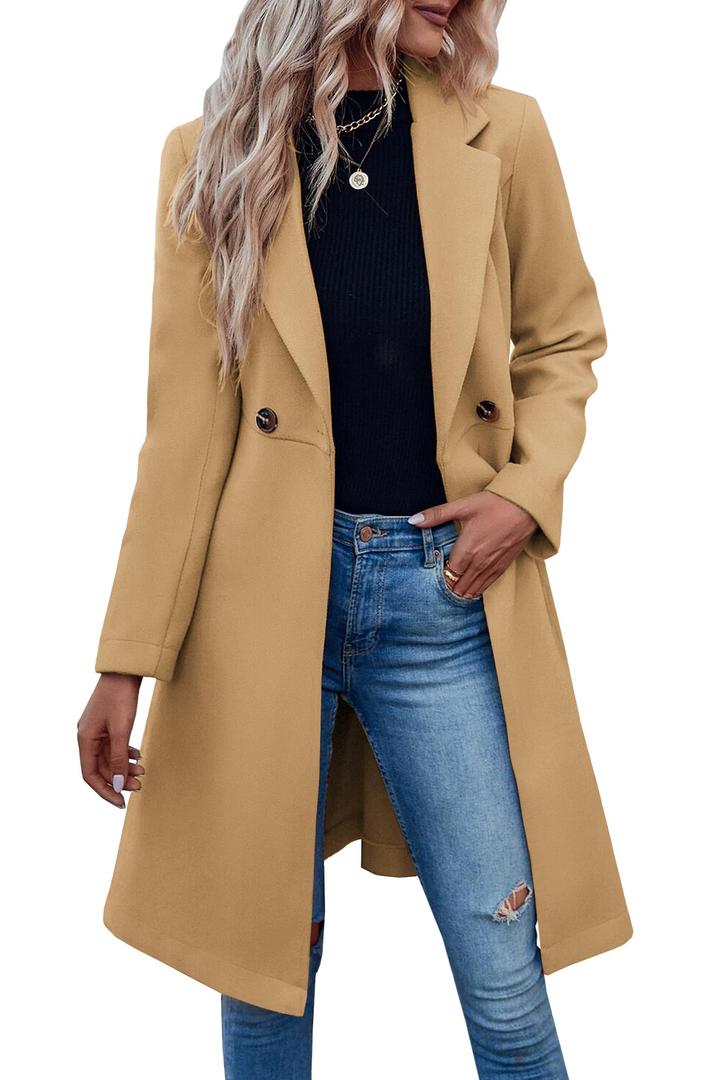Fazortev Womens Pea Trench Coats Notched Lapel Double Breasted Belted Business Casual Jackets Outerwear, Size Small