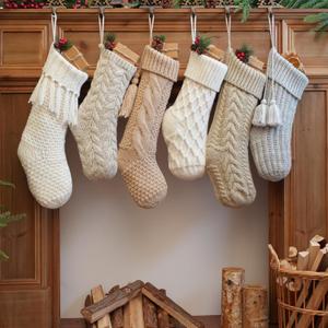 steo spce 6 Pack Vintage Knit Christmas Stockings  White Beige Apricot Rustic Boho Farmhouse Cable Knitted Holiday Set (Linen Color)