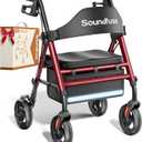 SOUNDFUSE Walkers for Seniors, Rollator Walker with Seat, 8" All Terrain Wheels, Double Support Bar, 16" Ergonomic Arc Seat and Comfortable Backrest, Dual Height Adjustable and Foldable Design (Burgundy)