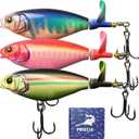 Pristis 3 pcs Topwater Fishing Plopper Lures, Floating Popper Bait Set with Chemically Sharpened Hooks for Saltwater Freshwater, Top Water Plopping Swimbait Teaser for Bass Tuna Perch Pike Crappie (Single-blade Color Set)