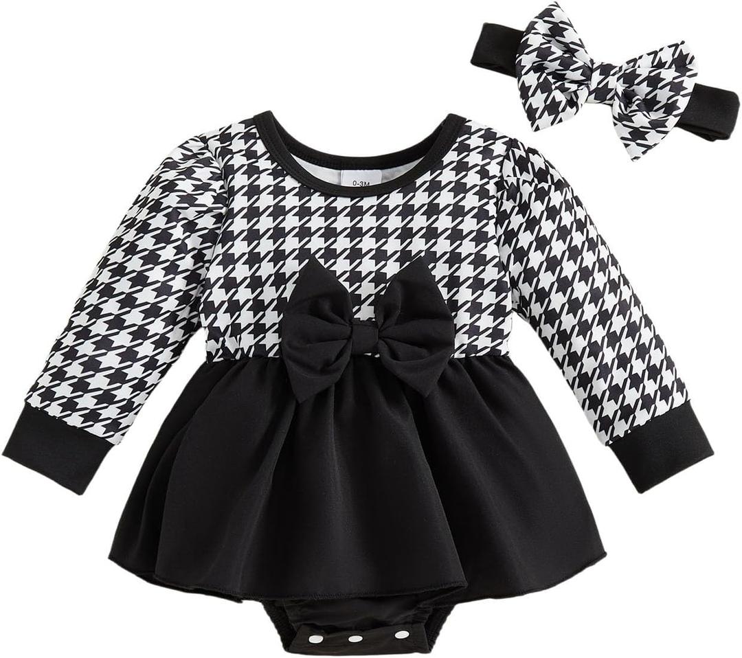 Giraropa Baby Girl Fall Winter Clothes Long Sleeve Romper Dress + Socks + Headband Newborn Infant Cute Casual Outfits (Black cc, 3-6 Months) (Black)