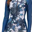 Womens Rash Guard Long Sleeve One Piece Swimsuits Zipper Front with Boy Shorts Swim Shirt Uv Protection UPF 50 (Medium, Blue)