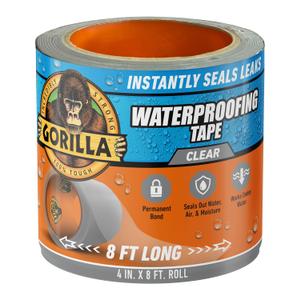 Gorilla Waterproof Patch & Seal Tape, Clear Tape, 4" x 8' (Pack of 1) - Permanent Weather Resistant Seal for Leaks and Repairs