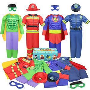 Teuevayl Boys Muscle Chest Dress up Costumes Trunk with Superhero, Policeman, Fireman Costume, Kids Pretend Role Play Costumes Set, Boys Dress up Clothes for Kids Ages 3 4 5 6 7