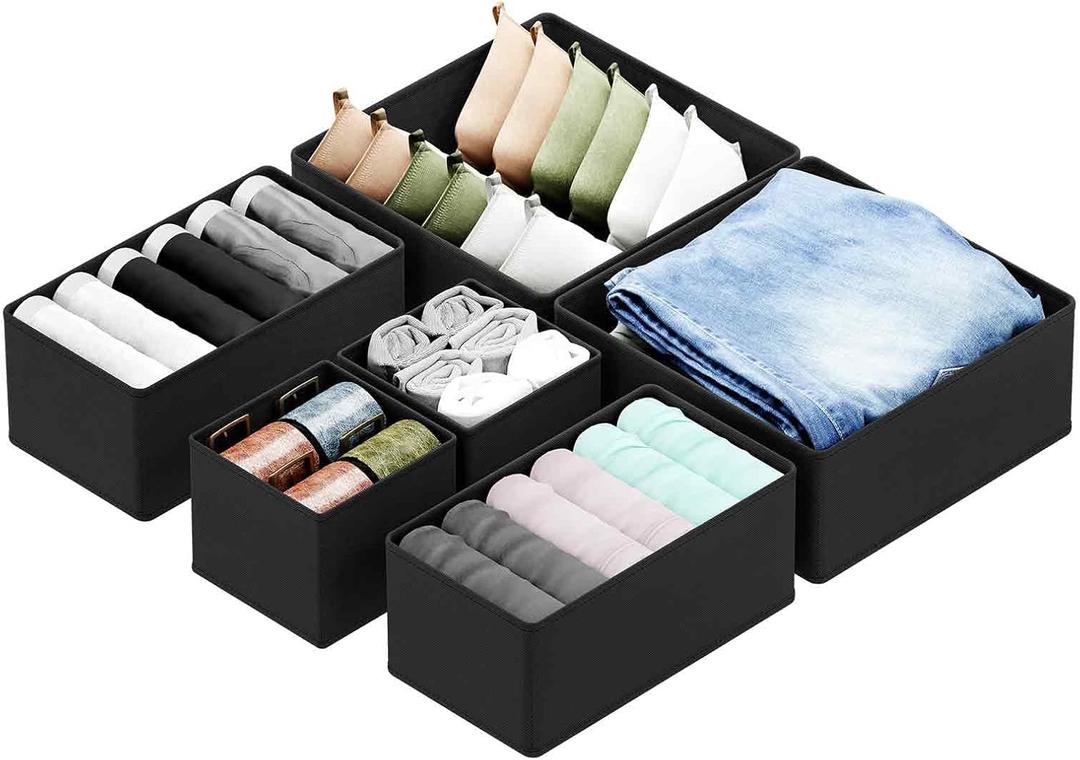 SpaceAid Drawer Organizer for Clothes, 6 Pack Dresser Drawer Organizer Bins, Closet Organizers and Storage Dividers for Clothing, Underwears, Socks (Black)