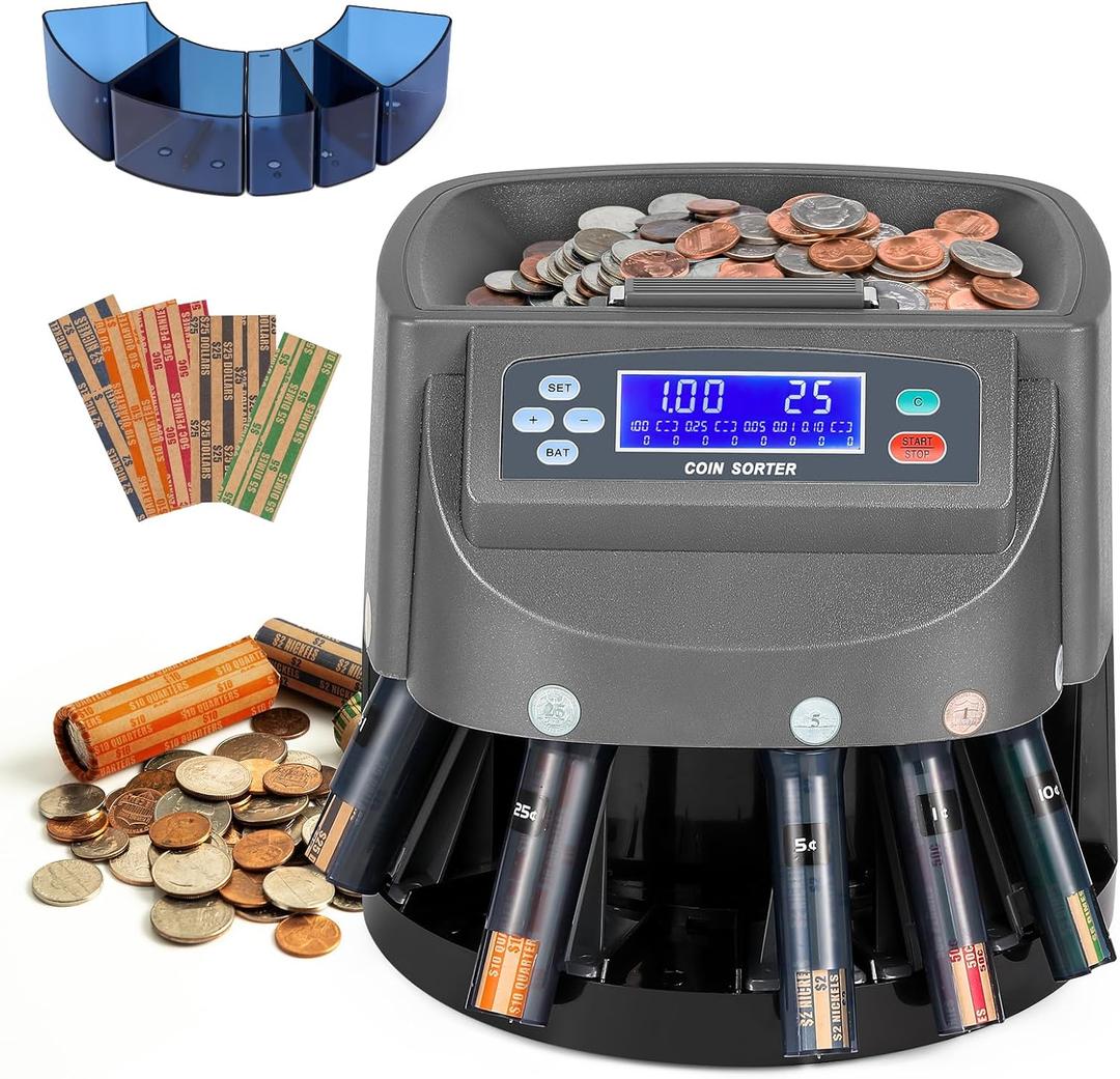 Bonvoisin Coin Counter & Coin Sorter Machine for USD Coin 1 5 10 25 $1, Sorts up to 270 Coins/min, Included 5 Coin Trays & 5 Tubes & 50PCS Wrappers