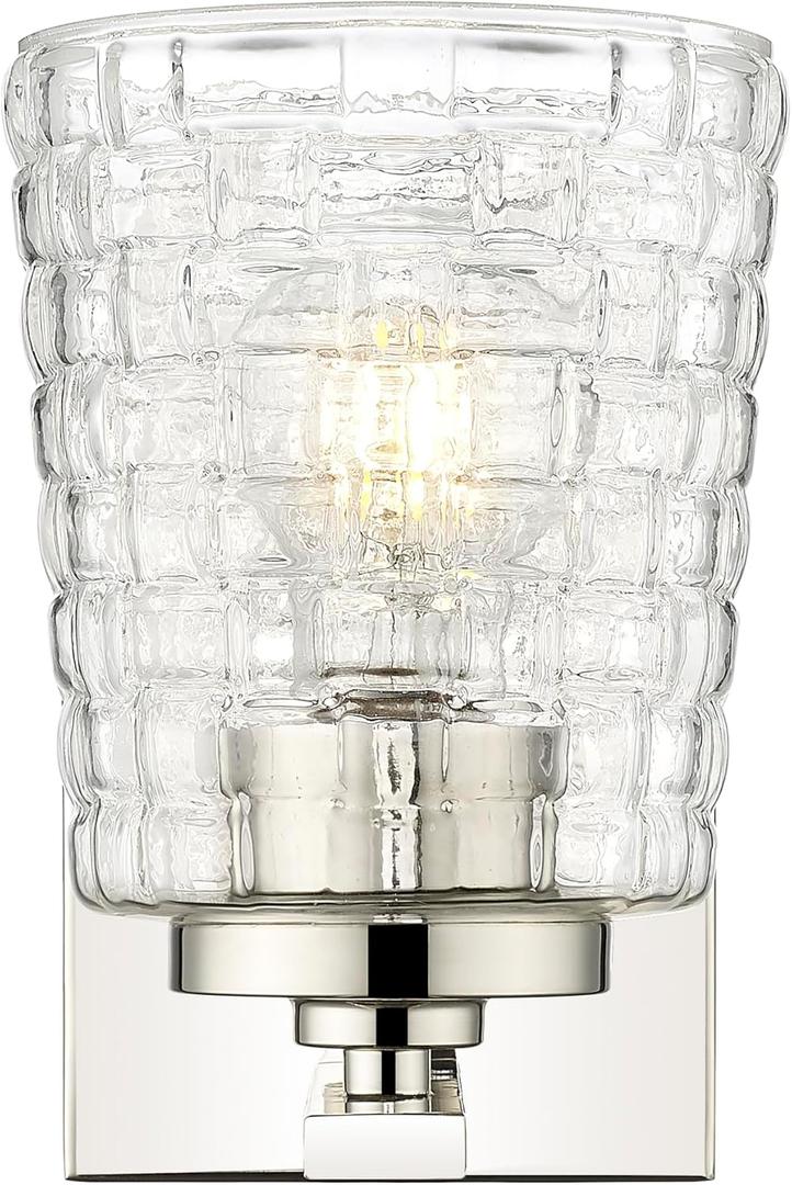 ML Lighting | Saben Collection | 22101-PN | Indoor 1 Light Wall Sconce in Polished Nickel with Clear Woven Lattice Glass Shade | Elegant and Versatile Design for Any Bathroom