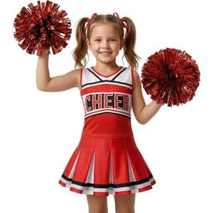 Koatobbor Girls Cheerleader Costume Cheerleading Outfit Dress for Halloween Party Birthday Gift, Red (Large, 6-7y)
