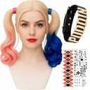 Swooflia Pink and Blue Cruly Wig for Women & Cosplay Accessories - Convenient Set Includes Adjustable Wig Cap, Choker, Cosplay Wig for Halloween, Costume, Party and Daily Use (Wig2-02)