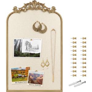 Vintage Linen Bulletin Board with Ornate Gold Frame, Wall Pin Board 19"x31"