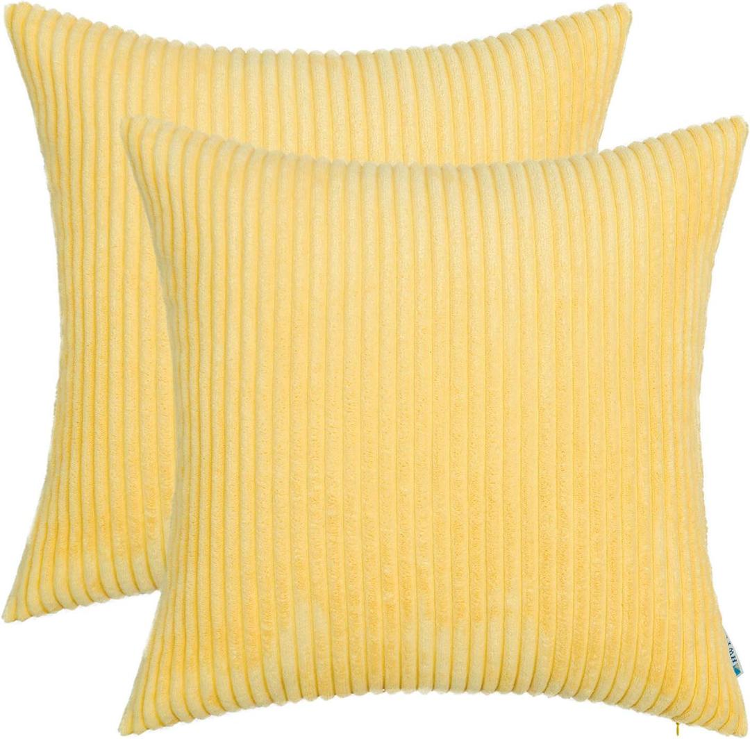HWY 50 Pale Yellow Corduroy Throw Pillow Covers 20x20 Inch, Set of 2, Soft Cozy Decorative Cushion Cases for Couch Sofa Bed Living Room, Boho Striped Home Decor