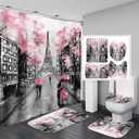 Chrainy 4Pcs Paris Eiffel Tower Pink Shower Curtain Sets Bathroom Set Decor with Non-Slip Rugs Bath U-Shaped Mat Toilet Lid Cover Waterproof Valentine Bathroom Curtains Shower Set with 12 Hooks