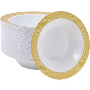 JOLLY CHEF 50 Disposable Plastic Bowls 12oz Premium Heavy Duty Disposable Dinner Bowls Reusable and Great for Weddings, Parties, Dinners, Catering, Thanksgiving and Everyday Use (Gold)