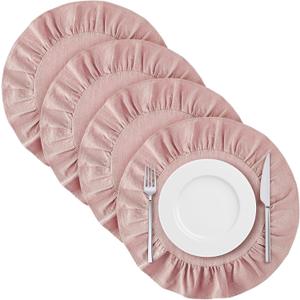 4 Pcs 15 Inch 100% Cotton Scalloped Round Placemats, Thin Pink Place Mats with Ruffle, Washable Placemats Table Mats for Kitchen Dining Holiday Gatherings Decor