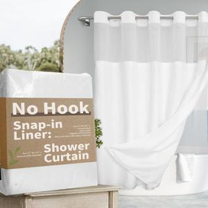 River Dream No Hook Slub Textured Shower Curtain with Snap-in PEVA Liner Set - 71" x 74"(72"), Hotel Style with See Through Top Window, Fabric Outer Curtain & Waterproof Inner Liner, White, 71x74