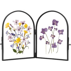 REDHUGO Double Glass Frame for Pressed Flowers, Handmade, Pressed Flower Frame, Hinged Tabletop Brass Photo Frames, Dried Flower Display Folding Picture Frame for Home, ArcShaped, Black, 57 Inches