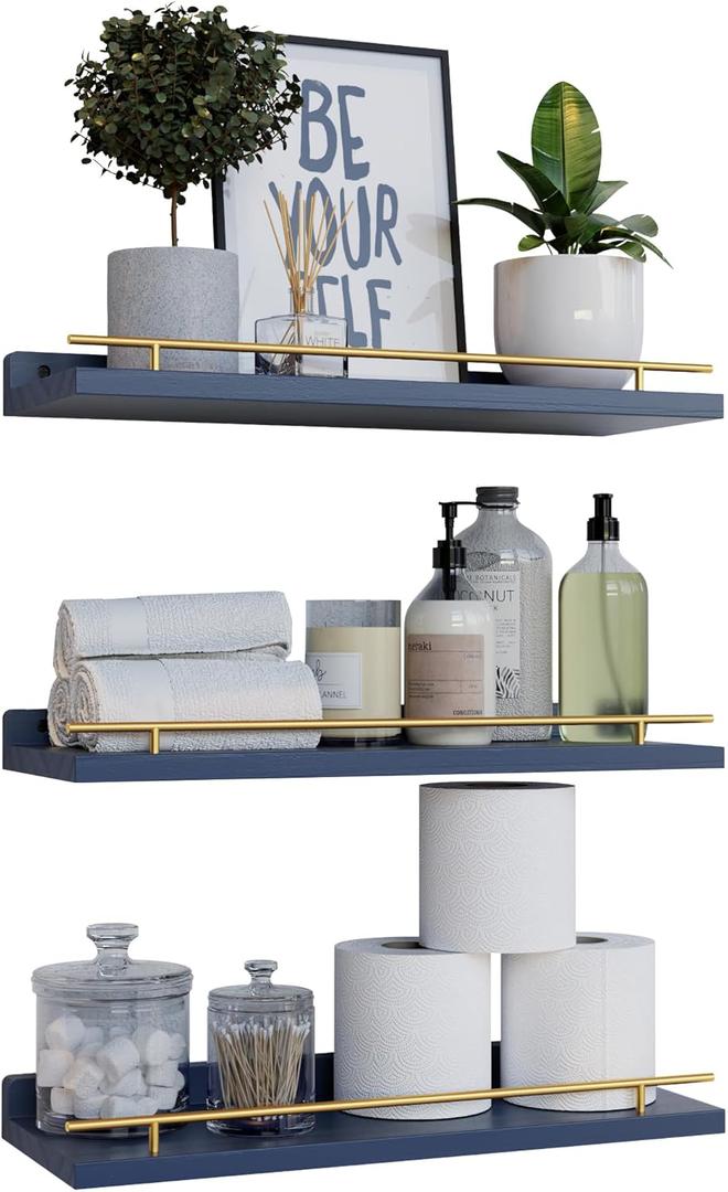 WOPITUES Floating Shelves with Gold Metal Guardrail, Shelves for Wall Decor Set of 3, Wall Shelves for Bedroom, Bathroom, Kitchen, Living Room, Plants, Picture Frames, Art- Gold in Navy Blue (15.7 inch)