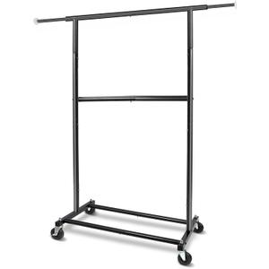 Fishat Black Simple Standard Rod Rolling Garment Clothes Rack, Metal Clothes Organizer with Lockable Wheels
