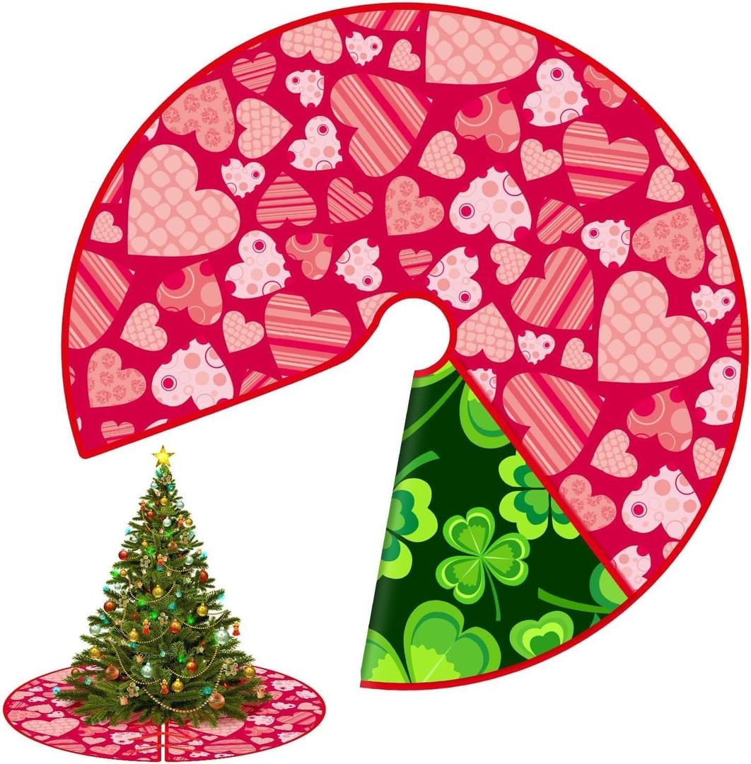 36 Inch Valentine/St Patricks Day Tree Skirt Valentine St Patricks Day Reversible Double Sided Print Mat for Holiday Party Indoor Outdoor Christmas Valentine St Patricks Day Tree Mat Decoration (Heart/Shamrock)