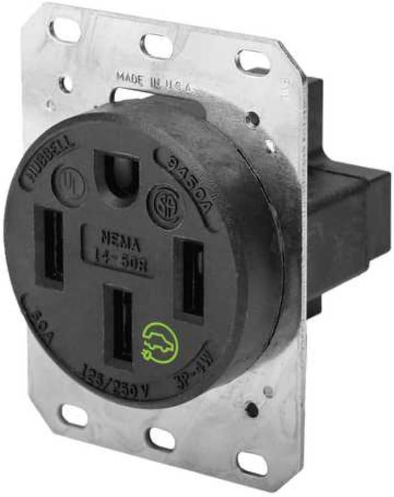 Hubbell HBL9450A Straight Blade Device Receptacle, RTP, Industrial Grade, 3-Pole 4-Wire Grounding, 50A 125/250V, 14-50R