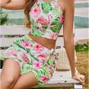SweatyRocks Women's Tie Backless Tropical Print Halter Top and Shorts 2 Piece Vacation Outfits M