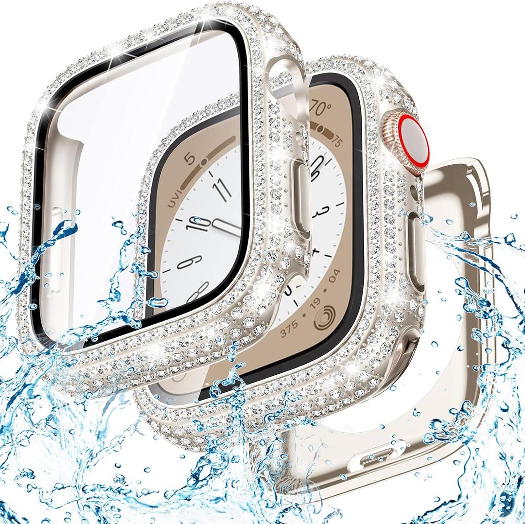 Goton 40mm Waterproof Bling Case for Apple Watch Screen Protector SE 3/ 2/ 1, Series 6/ 5/ 4 40 mm, Sparkling PC Front Bumper & Hollow Back for iWatch Cover, Splash-Resistant, Easy Install