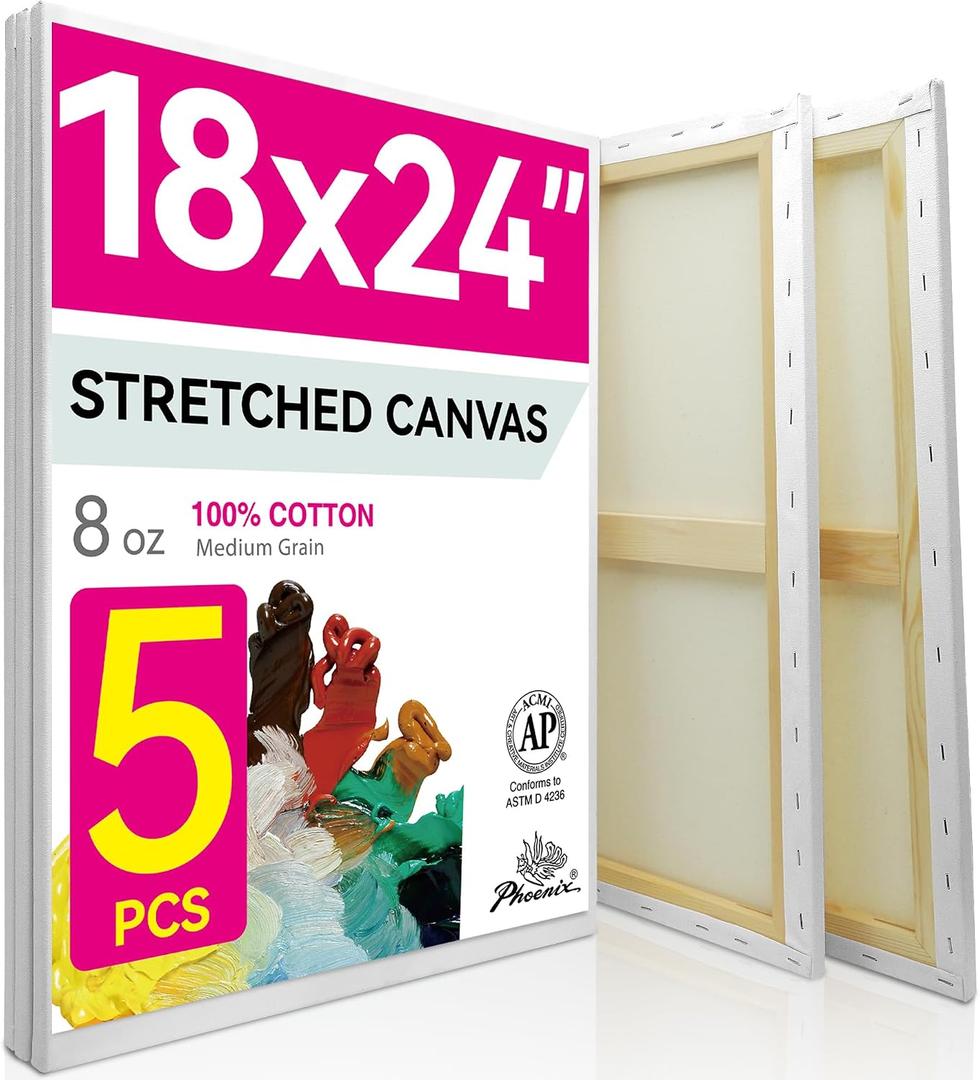 PHOENIX Large Stretched Canvas for Painting 18x24 Inch/5 Value Pack, 8 Oz Triple Primed 5/8 Inch Profile 100% Cotton White Blank Canvas, Framed Canvas for Oil Acrylic & Pouring Art