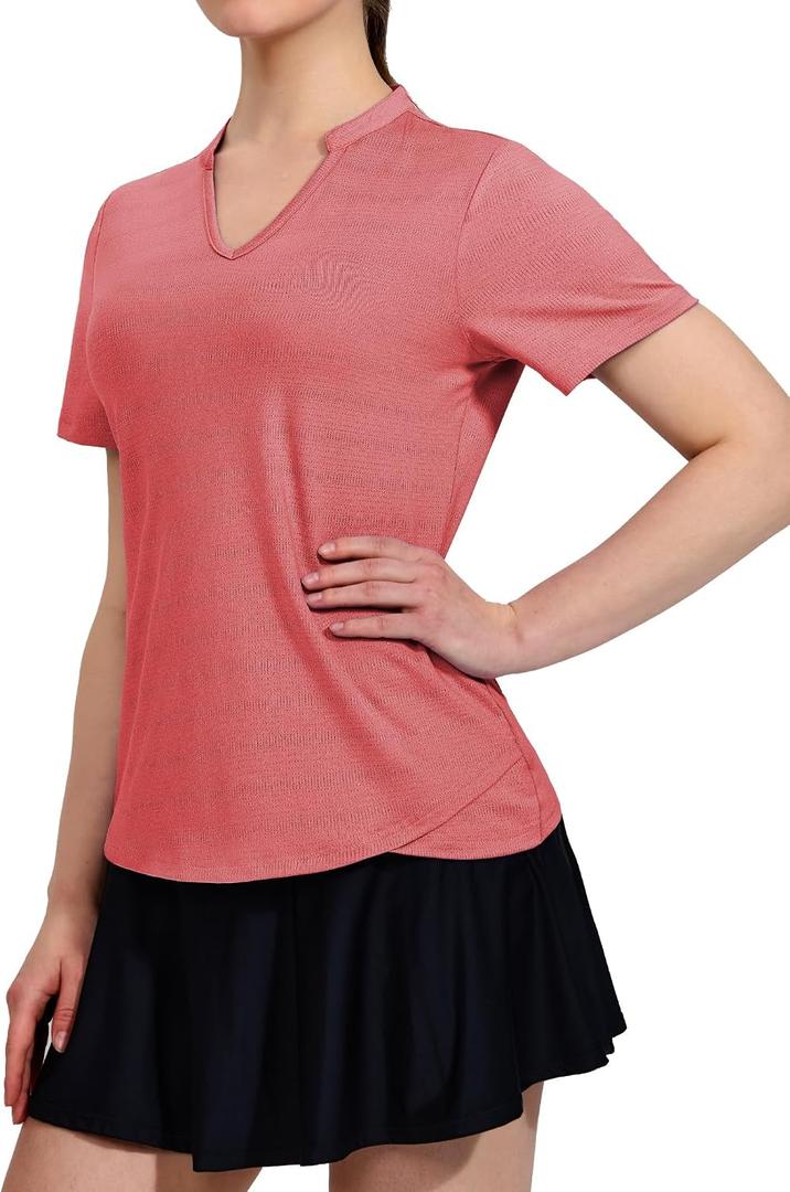 MIER Womens Collarless Golf Polo V Neck Short Sleeve Cooling Tops | Mesh Stripe Ventilation, Moisture Wicking Stretch Fabric, Henley V-Cut Placket, Tulip Hem, Machine Washable
