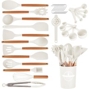 Kitchen Utensils Set - 34 PCS Non-Stick Silicone Cooking Utensils Set Spatula Set with Holder, Wooden Handle Spoon, Brush, Whisk Kitchen Gadgets Tools Set for Nonstick Cookware (Cream White)