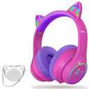 LOBKIN Bluetooth 5.4 Kids Headphones with Case - RGB LED Light Up Cat Ears Foldable Adjustable Over Ear Headphone Support Wireless or 3.5mm Wired Mode for Toddler & Girls & Boys Teens