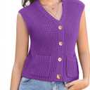 Womens Summer Crop Knit Sweater Vest Sleeveless Button Down Chunky Knit Vest Cardigan with Pockets (Purple, S)