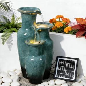 Solar Outdoor Water Fountain, 3-Tier Ceramic Look Resin Waterfall with LED Lights, 24" H, for Patio, Backyard & Garden