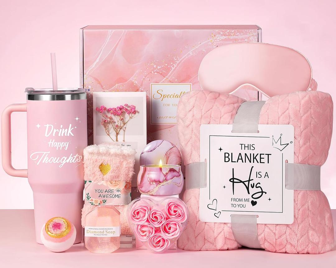 Aeenr Mothers Day Birthday Gifts for Women Self Care Get Well Soon Gift Baskets, Unique Relaxing Spa Gift Set W/Flannel Blanket & 40 OZ Tumbler for Mom Wife Her Sister Girlfriend Valentines Christmas