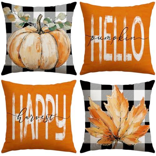 Pack Of 2 Artscope Fall Decorative Throw Pillow Covers 20x20 Inch Set of 4, Hello Happy Autumn Pumpkin Buffalo Plaid Maple Leaves Harvest Outdoor Farmhouse Pillow Cases for Home Sofa Couch-Orange B Pack Of 2 Artscope Fall Decorative Throw Pillow Covers 20x20 Inch Set of 4, Hello Happy Autumn Pumpkin Buffalo Plaid Maple Leaves Harvest Outdoor Farmhouse Pillow Cases for Home Sofa Couch-Orange B