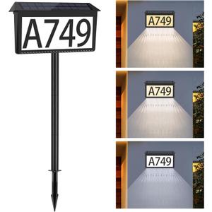 Solar Address Sign, House Numbers for Outside Light Up, 3 Colors Waterproof LED Illuminated House Numbers With Stake, Wall Mounted/In Ground Solar Powered Address Plaque for Yard Garden Home (1 Pack)