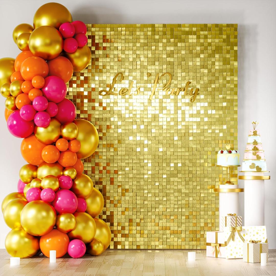 COKAOBE New Type Light Gold Shimmer Wall Backdrop, 24PCS Square Sequin Shimmer Backdrop Panel, Photo Backdrops for Birthday, Anniversary, Wedding, Graduation & Bachelorette Party Decoration